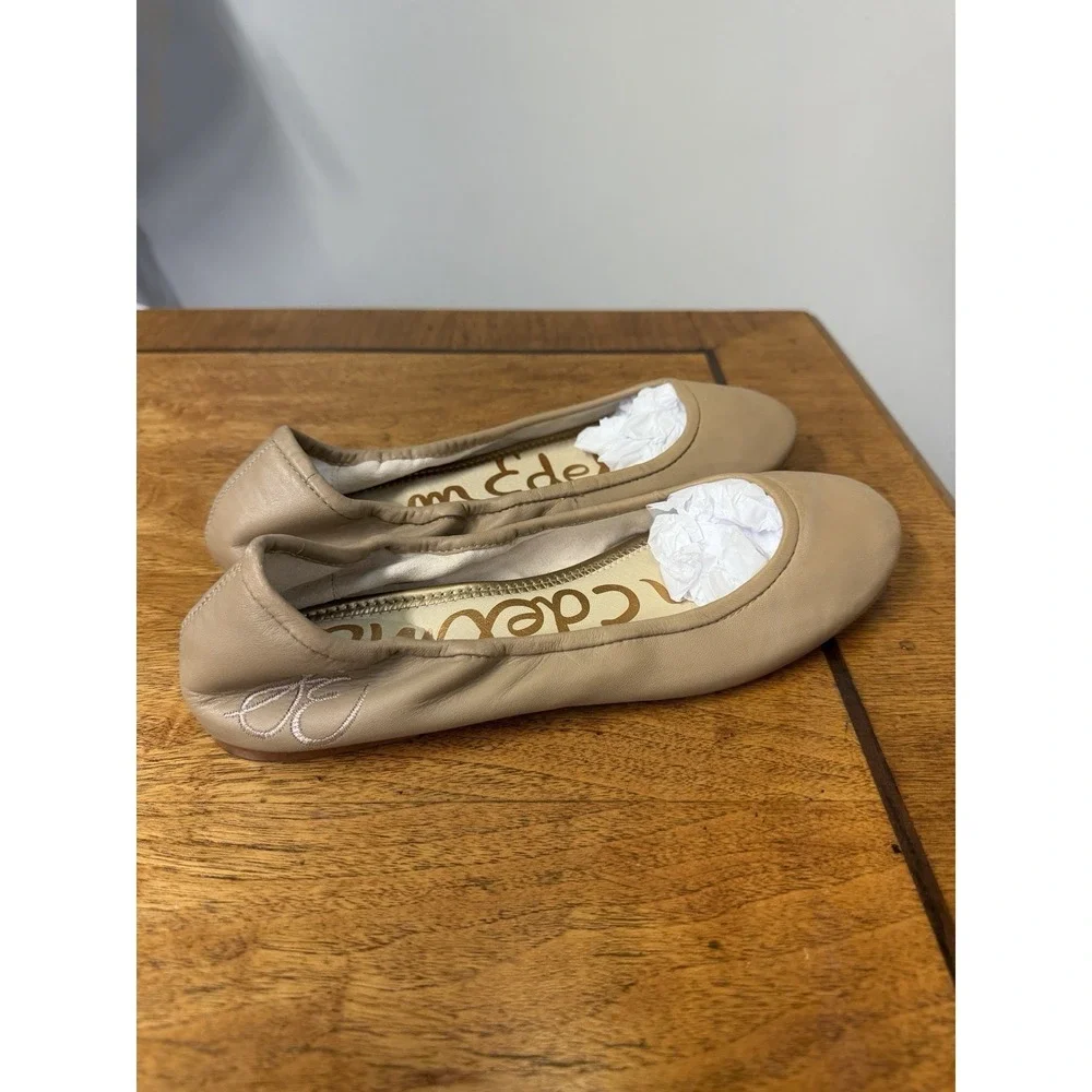 Sam Edelman Women's 9 Nude  Leather Round Toe Ballet Flats Shoes Embroidered